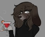 1970s alcohol anthro belladonna_cane beverage bird_dog bloodhound canid canine canis cigarette cumcadaver domestic_dog ear_piercing female freckles hi_res hunting_dog mammal mixed_breed piercing pointer_(dog) scent_hound sharp_teeth smile solo teeth