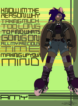 aerosol_can alternative_fashion amy_bat anthro armwear caption clothing female fishnet_armwear fishnet_clothing fishnet_legwear fishnet_topwear footwear goth inline_skates legwear multiple_piercings piercing roller_skates solo spiked_accessory text topwear dayotedraws jet_set_radio_future bat mammal absurd_res english_text hi_res