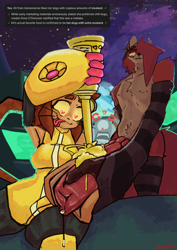 anarchy_symbol animal_genitalia animal_penis anthro armor brown_hair canine_genitalia canine_penis clothing duo ear_piercing ears_up eyebrow_piercing facial_piercing female food food_fetish food_on_penis food_play fur genitals gloves group hair handwear heart_eyes heart_pupils heart_symbol hot_dog interrobang legwear licking machine male mustard_bottle nipple_piercing nipples penis piercing red_body red_fur stockings tail text tongue trio yellow_armor furociousarts gameoverse glitch_productions kendrick_lamar jschlatt kaboodle_(gameoverse) kit_bodega scout_foxfire canid canine domestic_cat felid feline felis fox mammal robot true_fox absurd_res english_text hi_res screentone