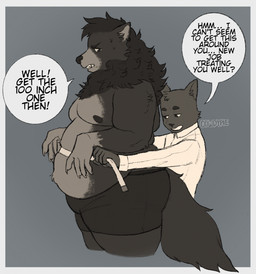 annoyed anthro belly boxer_briefs boxer_briefs_only clothed clothing duo fur grey_background grey_body grey_fur grey_tail male measuring moobs navel nipples overweight overweight_anthro overweight_male shy simple_background smile tail talking_to_another tape_measure teasing text topless underwear underwear_only weight_conscious weight_difference weight_gain weight_teasing cowdypie canid canine canis domestic_cat felid feline felis mammal wolf english_text hi_res signature
