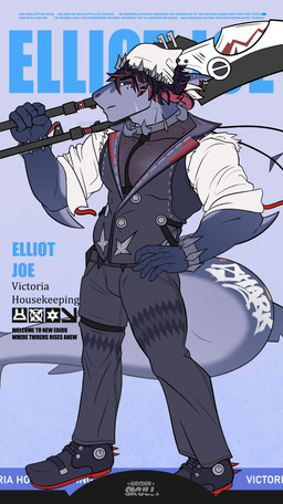 alternate_species anthro big_tail butler butler_outfit chain clothing crossgender ftm_crossgender furrification male muscular scissors solo tail text uniform uniformed_male weapon haydenskull mihoyo zenless_zone_zero ellen_joe aquatic fish shark thiren absurd_res english_text hi_res