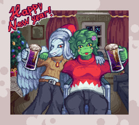 accessory amber_(gem) amber_(material) anthro arm_around_shoulders beer_mug biped bottomwear chair christmas_clothing christmas_headwear christmas_tree clothed clothed_anthro clothed_female clothing container cup curtains duo feathered_wings feathers female fingers flower flower_in_hair front_view furniture green_body green_hair grey_body grey_bottomwear grey_clothing grey_eyes grey_feathers grey_hair grey_pants hair hair_accessory happy hat headgear headwear holding_container holding_cup holding_mug holding_object holidays humanoid_hands inside jewelry long_hair looking_at_viewer medium_hair mug necklace night one_eye_closed orange_eyes pants plant red_clothing red_sweater red_topwear santa_hat side_hug sitting smile sofa sweater tan_clothing tan_sweater tan_topwear text tongue tongue_out topwear tree window wings yellow_sclera brickingbad cavemanon_studios christmas goodbye_volcano_high i_wani_hug_that_gator ko_op_(game_developer) new_year fang_(gvh) olivia_halford baryonyx dinosaur prehistoric_species pterosaur reptile saurischian scalie spinosaurid theropod 2025 artist_name colored crossover digital_media_(artwork) english_text hi_res pixel_(artwork)