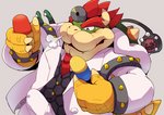 2020 anthro bowser bulge clothed clothing cute_fangs doctor dr._bowser erection erection_under_clothing head_mirror koopa male mario_bros medical_instrument necktie nintendo scalie scientific_instrument shirosaru shirt simple_background slightly_chubby solo topwear