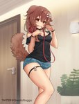 accessory black_clothing black_topwear blue_bottomwear blue_clothing blue_shorts bottomwear breasts brown_body brown_ears brown_fur brown_hair brown_tail clothed clothing detailed_background door eyebrows female fully_clothed fur hair hair_accessory inside leash looking_at_viewer mouth_hold shorts solo tail topwear greatodoggo hololive vtuber inugami_korone animal_humanoid canid canid_humanoid canine canine_humanoid dog_humanoid humanoid mammal mammal_humanoid hi_res