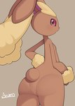 ambiguous_gender anthro arm_tuft big_butt big_ears biped black_sclera blush bottom_heavy brown_background brown_body brown_fur butt crotch_lines eyebrows featureless_crotch female fingers flat_chested floppy_ears fur hand_on_hip huge_butt long_ears looking_at_viewer looking_back lop_ears nude on_model open_mouth pose rear_view red_eyes scut_tail short_tail simple_background solo standing tail tan_body tan_fur thick_eyebrows thick_thighs tuft wide_hips wrist_tuft arumo nintendo pokemon generation_4_pokemon lagomorph leporid lopunny mammal pokemon_(species) 2021 digital_drawing_(artwork) digital_media_(artwork) hi_res signature