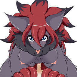 anthro anthro_penetrated anthrofied biped blue_eyes blush bodily_fluids breasts chest_tuft duo erection female female_on_human female_on_top female_penetrated first_person_view from_front_position fur genital_fluids genitals human_on_anthro human_penetrating human_penetrating_anthro interspecies larger_female larger_penetrated looking_at_viewer lying male male/female male_on_anthro male_on_bottom male_penetrating male_penetrating_female nipples nude on_back on_bottom on_top penetration penile penile_penetration penis penis_in_vagina pokemorph pokephilia reverse_missionary_position sex simple_background size_difference smaller_male spread_legs spreading straddling tongue tongue_out tuft vaginal vaginal_fluids vaginal_penetration vein vulva white_background mofumofu nintendo pokemon canid canine generation_5_pokemon human mammal pokemon_(species) zoroark 1:1