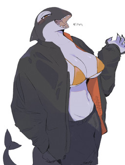 5_fingers anthro big_breasts black_body black_bottomwear black_clothing black_jacket black_pants black_topwear blush blush_lines blush_stickers bottomwear breasts claws clothed clothing female finger_claws fingers fish_tail hairless half-closed_eyes jacket kemono looking_at_viewer narrowed_eyes open_clothing open_jacket open_mouth open_topwear orange_bikini_top orange_clothing orange_eyes orange_jacket orange_topwear pants pupils sharp_teeth simple_background slit_pupils solo teeth text three-quarter_view topwear v-cut white_background white_body sme4 aquatic cetacean dolphin mammal oceanic_dolphin orca toothed_whale 2025 hi_res japanese_text portrait three-quarter_portrait translated watermark