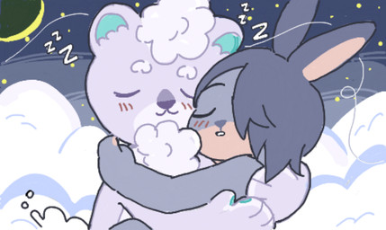 anthro blue_body blue_fur blush blush_lines cloud duo fur hug moon night nude pawpads purple_body purple_fur sky skyscape sleeping_nude teal_pawpads young binkybnuuy harleigh_(binkybnuuy) bear lagomorph leporid mammal rabbit digital_media_(artwork) oekaki pawprint.ing_(artwork)