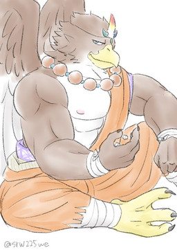 abs anthro beads beak biceps brown_body brown_feathers clothed clothing d6 dice feathered_wings feathers male multicolored_body multicolored_feathers muscular muscular_anthro muscular_male pecs prayer_beads smile solo two_tone_body two_tone_feathers white_body white_feathers wings srw225we lifewonders tokyo_afterschool_summoners gandharva_(tas) avian signature