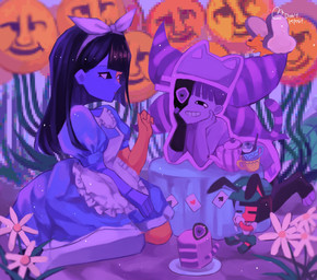 ambiguous_gender apron asymmetrical_hair bangs black_eyes black_hair blue_body blunt_bangs bob_cut bottomwear breasts cake card clothed clothing container cup dessert dress drinking eyebrows female feral floating_head flower food furniture group hair hat headgear headwear micro multicolored_body plant smile suit_symbol table tea_cup teapot topwear two_tone_body white_body yellow_body usagimarumei alice_in_wonderland ena:_dream_bbq ena_(series) ena_(web_series) ena_(dream_bbq) ena_(joel_g) hourglass_dog_(ena) moony_(ena) taski_maiden_(ena) arthropod bread-and-butterfly butterfly canid canine canis domestic_dog elemental_creature ena_(species) felid feline flora_fauna humanoid insect lepidopteran mammal digital_media_(artwork) hi_res