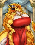 anthro big_breasts breasts cleavage clothed clothing dress ear_piercing ear_ring female hair hand_on_hip huge_breasts muscular muscular_female piercing red_clothing red_dress ring_piercing solo tail yellow_body gravewalker mythology dragon mythological_creature mythological_scalie scalie hi_res