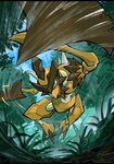 ambiguous_gender anthro black_claws blue_sky claws grass looking_at_viewer motion_lines multicolored_body orange_body plant sky solo tree teo_drill nintendo pokemon pokemon_legends_arceus arthropod generation_8_pokemon insect kleavor pokemon_(species) 2021 hi_res