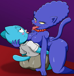 alternate_species anthro big_breasts big_butt blue_body blue_fur blue_hair blush bodily_fluids breast_squish breasts breasts_frottage butt curvy_figure duo eyelashes fangs female female/female female_anthro french_kissing fur gem hair holding_another huge_butt jewelry kissing mature_female necklace pearl_(gem) pearl_necklace pink_nose saliva saliva_string simple_background simple_eyes squish tail teeth whiskers yellow_sclera someth1ngoranother cartoon_network the_amazing_world_of_gumball the_simpsons treehouse_of_horror cat_marge marge_simpson nicole_watterson domestic_cat felid feline felis mammal pantherine hi_res