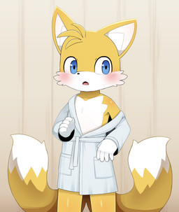 2_tails 5_fingers anthro bathrobe blue_eyes blush cheek_tuft clothed clothing countershade_torso countershading dipstick_tail facial_tuft fingers fur fur_tuft markings multi_tail off_shoulder robe tail tail_markings tuft white_body white_countershading white_fur white_tail young young_anthro sum sega sonic_the_hedgehog_(series) miles_prower canid canine fox mammal absurd_res hi_res