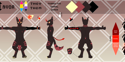 ambiguous_gender anthro brown_body brown_fur claws digitigrade ear_piercing featureless_crotch fur gauged_ear glowing glowing_horn glowing_tail gradient_horn gradient_tail hand_eye horn lgbt_pride markings multi_tail nipples nonbinary_pride_colors occult_symbol pansexual_pride_colors pawpads paws pentacle pentagram piercing pink_markings pink_nipples pink_pawpads pride_colors pronouns red_horn solo spade_tail symbol tail text unusual_anatomy yellow_claws yellow_sclera awsmgmer invor_(awsmgmer) canid canine demon fennec_fox fox hybrid mammal true_fox absurd_res digital_drawing_(artwork) digital_media_(artwork) hi_res model_sheet signature nonbinary_(lore)