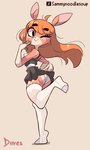 anthro big_butt brown_body brown_fur brown_hair butt clothed clothing dress female fingers fur hair hooved_fingers hooves legwear long_hair looking_at_viewer looking_back on_one_leg one_eye_closed panties solo standing thick_thighs thigh_highs underwear upskirt wink winking_at_viewer diives deer mammal 2025 3:5 hi_res
