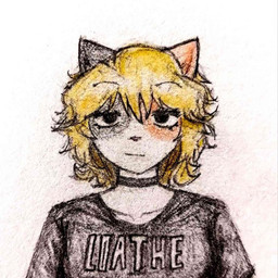 ambiguous_gender anthro black_clothing black_shirt black_topwear blank_stare blonde_hair choker clothing fur hair jewelry markings multicolored_body multicolored_fur necklace shirt solo topwear white_body unknown_artist loathe_(band) calico_cat domestic_cat felid feline felis mammal 1:1 2025 colored traditional_media_(artwork)