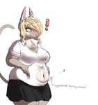 anthro belly big_belly bloated blonde_hair bottomwear breasts button_(fastener) button_pop cleavage clothed clothing collared_shirt dress_shirt female hair hair_over_eye holding_belly markings miniskirt mole_(marking) navel office_clothing overweight overweight_anthro overweight_female shirt simple_background skirt solo surprise tail text tight_clothing tight_shirt tight_topwear topwear wardrobe_malfunction white_background pewbutt domestic_cat felid feline felis mammal 2015 english_text