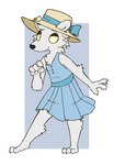 anthro clothed clothing crossdressing dress ear_piercing ear_ring hat headgear headwear looking_at_viewer male piercing ring_piercing simple_background solo sun_hat sundress gremloid_goat trevor_waters bear mammal polar_bear ursine hi_res