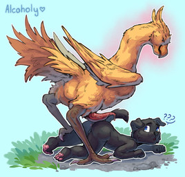 anthro anthro_on_feral anus ass_up balls barely_visible_anus barely_visible_balls barely_visible_genitalia beak bestiality black_body black_fur blue_eyes bodily_fluids butt claws dripping duo erection feathered_wings feathers feral fur genital_fluids genitals imminent_anal imminent_sex lying male male/male male_on_feral nude on_front outside penis precum precum_drip question_mark scuted_legs scutes side_view standing tail tail_feathers tapering_penis toe_claws wings yellow_body yellow_feathers young young_anthro young_male alcoholy final_fantasy square_enix drucifer avian canid canine canis chocobo domestic_dog mammal absurd_res hi_res