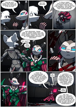 anthro armor blood blue_eyes bodily_fluids cape clothing death dialogue duo female fur glowing glowing_eyes inside male red_eyes text white_body white_fur kitfox-crimson in_our_shadow sage_(kitfox-crimson) sodalite_(kitfox-crimson) tourmaline_(kitfox-crimson) american_opossum mammal marsupial murid murine procyonid raccoon rat rodent absurd_res comic english_text hi_res