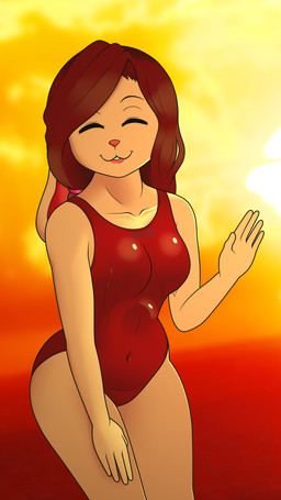 anthro breasts clothing eyes_closed female fur one-piece_swimsuit pink_body pink_fur smile sport_swimsuit sun sunset swimwear tight_clothing buffbumblebee ruby_(buffbumblebee) domestic_rabbit lagomorph leporid lop_rabbit mammal oryctolagus rabbit hi_res