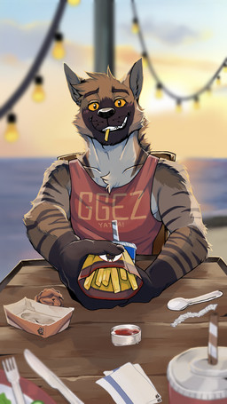 anthro beach clothed clothed_male clothing food fries fur furniture looking_at_viewer male male_anthro red_clothing red_shirt red_tank_top red_topwear sharing_food shirt solo string_lights striped_body striped_fur stripes sunset table tank_top topwear yellow_sclera nullyeen undefeated redline_(undefeated) hyena mammal 9:16 hi_res