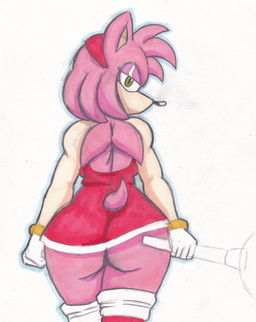 accessory anthro big_butt butt clothed clothing dress female hair_accessory hairband half-closed_eyes looking_at_viewer looking_back looking_back_at_viewer mouthless narrowed_eyes no_underwear piko_piko_hammer solo text thick_thighs justsomeidiotonline sega sonic_the_hedgehog_(series) amy_rose eulipotyphlan hedgehog mammal absurd_res english_text hi_res