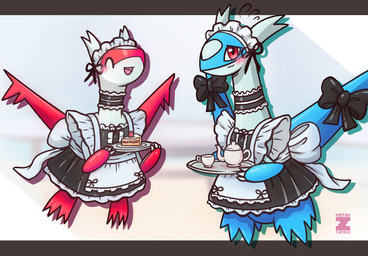alternative_fashion blue_body blush clothed clothing crossdressing duo female feral goth gothic_lolita j-fashion legendary_duo lolita_(fashion) looking_at_viewer maid_apron maid_collar maid_headdress maid_uniform male red_body red_eyes simple_background smile uniform wings tamix nintendo pokemon generation_3_pokemon latias latios legendary_pokemon pokemon_(species) digital_media_(artwork) hi_res