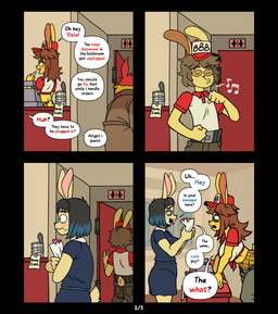 anthro biped blue_clothing breasts brown_hair clothed clothing detailed_background dialogue door female hair inside side_view speech_bubble tail text whistling yellow_body ponehanon big_bun_burgers dale_(ponehanon) lagomorph leporid mammal rabbit comic english_text hi_res