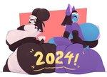 anthro ass_to_ass beak big_breasts big_butt biped breasts butt clothed clothing duo female fur hair holidays huge_butt looking_at_viewer pupils purple_body purple_fur text thick_thighs coffilatte_(artist) new_year new_year_2024 stella_(coffilatte) avian bird mammal penguin absurd_res english_text hi_res