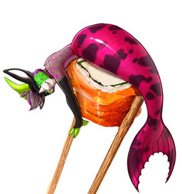 black_body black_fur chopsticks food food_fetish food_play fur green_body green_fur horn legless meat mermaid_tail micro purple_body purple_fur simple_background solo split_form sushi white_background jeffusherb vtza aquatic merfolk 2022 artist_collaboration digital_media_(artwork) shaded