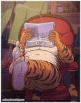 anthro belly belly_tuft book butt curtains face_covered feet inside male musclegut muscular navel newspaper nude pecs raised_foot reading reading_newspaper sitting slightly_chubby smoking solo strategically_covered striped_body stripes tuft window artdecade felid mammal pantherine tiger 2020 2023