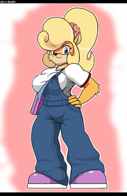 accessory anthro big_breasts big_shoes black_bars blonde_hair breasts clothed clothing computer electronics female flower flower_in_hair footwear hair hair_accessory hand_on_hip holding_object jumpsuit laptop looking_at_viewer plant pose shirt shoes smile solo t-shirt topwear droll3 activision crash_bandicoot_(series) coco_bandicoot bandicoot mammal marsupial hi_res letterbox