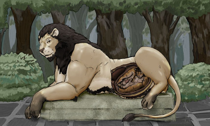 anthro anus balls belly big_belly claws detailed_background duo eyes_closed feral feral_pred forest fur genitals inside_stomach internal larger_pred looking_at_viewer lying male male/male male_feral male_pred male_prey masturbation muscular muscular_feral nude nude_anthro nude_male nude_pred nude_prey on_front orange_body orange_fur outside penis plant shrub size_difference tail tan_body tan_fur tree vore jeri_kleinlowe felid lion mammal pantherine tiger 2022 5:3 colored