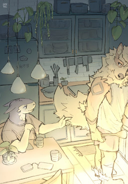 5_fingers anthro blue_body blue_fur bottomwear clothing container cooking cup duo fingers fluffy fur furniture kitchen looking_at_another male mane sitting standing table tail tan_body tan_fur topwear sreyel nintendo pokemon arcanine generation_1_pokemon generation_2_pokemon pokemon_(species) typhlosion 2026 hi_res