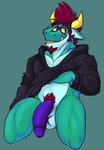 anthro balls bottomless clothed clothing ear_piercing facial_hair genitals goatee hair hoodie horn male penis piercing pubes purple_penis solo teeth topwear urbanmonster mythology cet_(urbanmonster) dragon mythological_creature mythological_scalie scalie