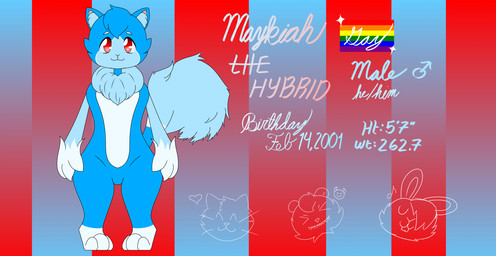 anthro blue_body blue_fur cat_tail ear_tuft fur gender_symbol heart_symbol lgbt_pride male male/male male_symbol musical_symbol pattern_background pride_color_flag pride_colors rainbow_flag rainbow_pride_flag rainbow_symbol red_eyes simple_background symbol thick_thighs tuft tufted_hair whiskers y_nose maykiah maykiah_the_hybrid bear domestic_cat felid feline felis hybrid lagomorph leporid mammal rabbit hi_res model_sheet