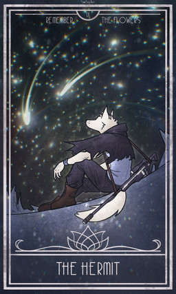 anthro boots card clothed clothed_male clothing comet footwear fur gun major_arcana male male_anthro night ranged_weapon roman_numeral shoes sitting sitting_on_ground solo star stargazing tarot tarot_card text the_hermit_(tarot) weapon white_body white_fur samscythe remember_the_flowers silver_(remember_the_flowers) canid canine fox mammal 2024 english_text hi_res signature