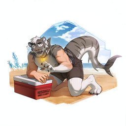 anthro beach big_tail claws clothing cooler facial_piercing fin fur grey_body grey_fur growth human_to_anthro jewelry male mid_transformation necklace nose_piercing nose_ring piercing ring_piercing sea seaside shirtless_anthro shirtless_male solo species_transformation swimming_trunks swimwear tail tail_fin tail_growth thick_tail toe_claws transformation water husdingo aquatic felid fish hybrid mammal pantherine shark tiger 1:1 hi_res
