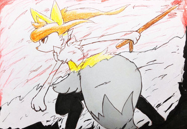 action_pose ambiguous_anthro ambiguous_gender anthro big_tail biped digitigrade dipstick_tail dutch_angle elemental_manipulation fire fire_manipulation holding_object holding_stick markings pose rear_view simple_background snout solo standing stick tail tail_markings eiroru nintendo pokemon braixen canid generation_6_pokemon mammal pokemon_(species) 2019 colored_pencil_(artwork) graphite_(artwork) hi_res japanese_description mixed_media pen_(artwork) portrait screentone three-quarter_portrait traditional_media_(artwork) translated_description