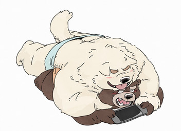 anthro blush cellphone clothing duo electronics kemono lying male male/male overweight overweight_male phone smartphone tongue tongue_out underwear pommn_mn bear canid canine canis domestic_dog mammal 2026 hi_res