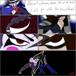 anthro big_muscles border bow_tie brown_hair circus clothing clown_makeup female fingerless_gloves footwear fur gloves grey_body grey_clothing grey_fur group hair handwear heart_clothing heart_symbol high_heels hoodie huge_muscles hyper hyper_muscles makeup male melee_weapon muscular muscular_female pale_skin pink_accessory shoes speech_bubble suit sword text topwear weapon white_border wristband kreiser_vii axel_grey_(rakoongrey) jason_sutherland stella_(rakoongrey) human lagomorph leporid mammal procyonid rabbit raccoon 1:1 absurd_res colored comic english_text hi_res