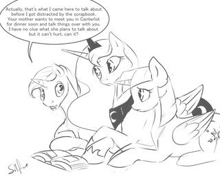 book feathered_wings feathers female feral fur group hair horn male text wings silfoe friendship_is_magic hasbro my_little_pony mythology night_light_(mlp) princess_luna_(mlp) twilight_sparkle_(mlp) equid equine mammal mythological_creature mythological_equine unicorn winged_unicorn 2015 5:4 black_and_white english_text hi_res monochrome