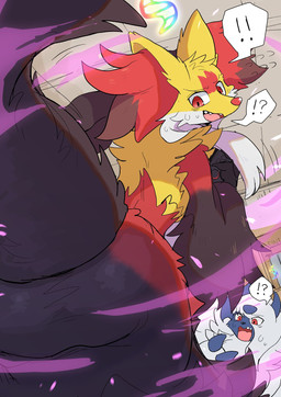 after_transformation anthro bodily_fluids confusion duo exclamation_point feral inside interrobang male open_mouth purple_smoke shocked smoke sweat transformation yakumomidori1 nintendo pokemon pokemon_legends_z-a generation_6_pokemon generation_9_pokemon mega_absol mega_delphox mega_evolution pokemon_(species) hi_res