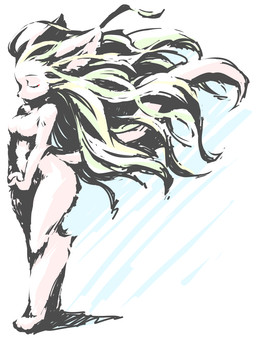 3_toes anthro big_ears biped black_nose breasts eyes_closed feet female forehead fur green_hair hair hands_together kemono leg_tuft long_tail medium_breasts mouth_closed nude paws pink_body pink_fur pink_tail raised_tail side_view solo standing tail thin_tail toes tuft wind juugoya_runa canid canine fox mammal digital_media_(artwork) full-length_portrait hi_res portrait