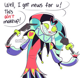 clothing constricted_pupils cuffs_(clothing) cybernetic_arm cybernetic_limb dialogue fool's_hat forced_smile green_sclera grin hat headgear headwear heart_symbol jester_outfit male not_furry pupils red_eyes sharp_teeth simple_background small_pupils smile solo teeth text white_background white_face norithelord hellaverse helluva_boss the_simpsons fizzarolli_(helluva_boss) demon humanoid imp 2021 english_text half-length_portrait hi_res portrait