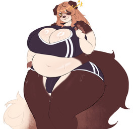 anthro athletic_wear belly big_belly big_breasts blush bodily_fluids bottomwear bra breasts bulge clothed clothing exercise front_view fur gesture gym_bottomwear gym_shorts gynomorph hair huge_breasts intersex looking_at_viewer navel one_eye_closed overweight overweight_anthro overweight_gynomorph overweight_intersex shirt shorts simple_background smile smiling_at_viewer solo sports_bra standing sweat sweaty_body sweaty_breasts sweaty_legs sweaty_thighs tail thick_thighs topwear underwear waving waving_at_viewer wide_hips wink workout workout_clothing workout_outfit harufeng sarah_(corgipudding) border_collie canid canine canis collie domestic_dog herding_dog mammal pastoral_dog sheepdog hi_res