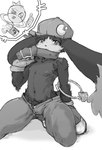 anthro barely_visible_genitalia barely_visible_penis blush bottomwear camera clothing collar duo gem genitals gesture gloves hand_gesture handwear hat headgear headwear male navel nipples pants penis ring simple_background thumbs_up young young_anthro 1000bon bandai_namco klonoa_(series) huepow domestic_cat felid feline felis mammal monochrome