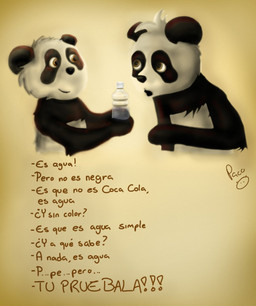 anthro black_body black_fur bottle closed_smile container duo fur head_tuft holding_bottle holding_container holding_object male male_anthro mouth_closed nude orange_eyes simple_background smile text tuft white_body white_fur young young_anthro young_male pandapaco nemorio parinton bear giant_panda mammal english_text hi_res signature translation_request